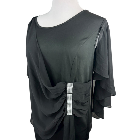 Hanna Nikole Black Chiffon Dress Rhinestone Drape Cape Overlay Formal Size 18w - Picture 6 of 14